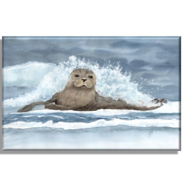 Leinwand 40 x 30 cm Keilrahmen Canvas-Leinen Aquarell Maritim Kunst Druck Kunstdruck Seehund Welle Wellen Robbe Heuler Kegelrobbe Dänemark Nordsee Ostsee